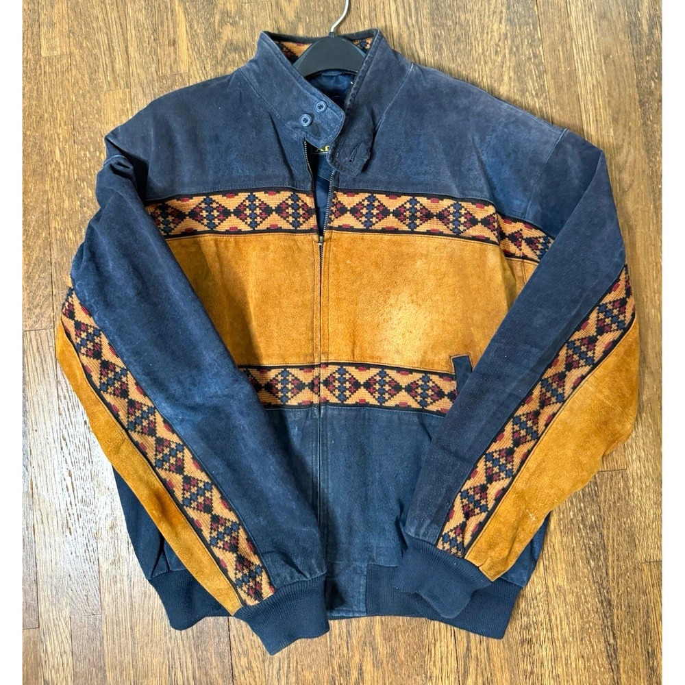 Vintage Adler Mens Large Suede Leather Jacket Aztec Southwestern Tribal Bomber